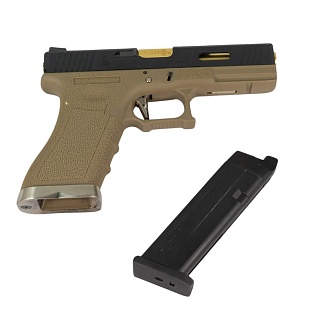 WE Пистолет Glock 17 G-Force, tan, черный слайд, золотой ствол (we-g001wet-6)
