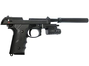 KJ Works Пистолет Beretta M9 с глушителем и фонарем