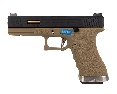 фото детально we пистолет glock 17 g-force, tan, черный слайд, золотой ствол (we-g001wet-6) интернет-магазин "Планета страйкбола"