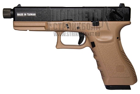 фото детально kjw пистолет glock 18, co2, резьба под глушитель, tan (kp-18tbc.co2-tan) интернет-магазин "Планета страйкбола"
