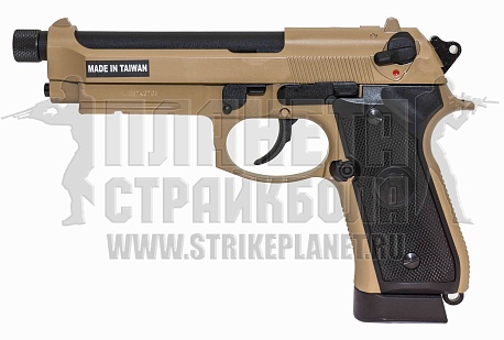 фото детально kjw пистолет beretta m9a1 co2 gbb, tan, рельса, резьба для глушителя интернет-магазин "Планета страйкбола"