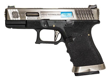 фото детально пистолет we glock 19 g-force серебряный, greengas (we-g003wet-7) интернет-магазин "Планета страйкбола"