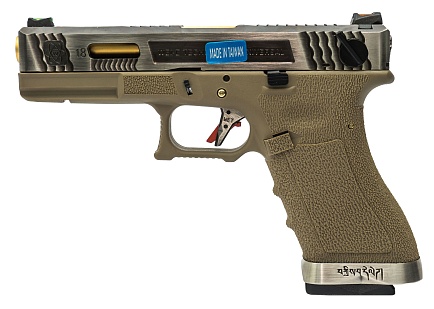 фото детально we пистолет glock 18, g-force, tan, позолоченный ствол, хром (we-g002wet-4) интернет-магазин "Планета страйкбола"