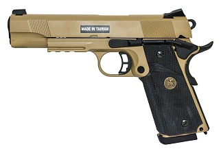 фото детально пистолет kjw colt m1911 meu, tan, greengas (kp-07.gas-tan) интернет-магазин "Планета страйкбола"