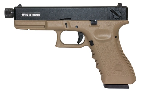 фото детально kjw пистолет glock 18, co2, резьба под глушитель, tan (kp-18-tbc.co2-tan) интернет-магазин "Планета страйкбола"