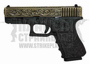 фото детально we пистолет glock 19 gen.3 под бронзу с гравировкой (we-g003box-iv) интернет-магазин "Планета страйкбола"