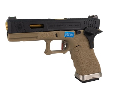WE Пистолет Glock 17 G-Force, tan, черный слайд, золотой ствол (we-g001wet-6)