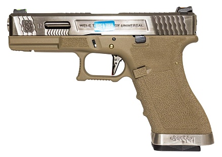 фото детально пистолет we glock 17 g-force tan серебряный (we-g001wet-8) интернет-магазин "Планета страйкбола"