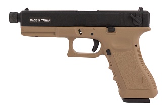 фото детально kjw пистолет glock 18, грингаз, резьба под глушитель, tan (kp-18-tbc-tan) интернет-магазин "Планета страйкбола"