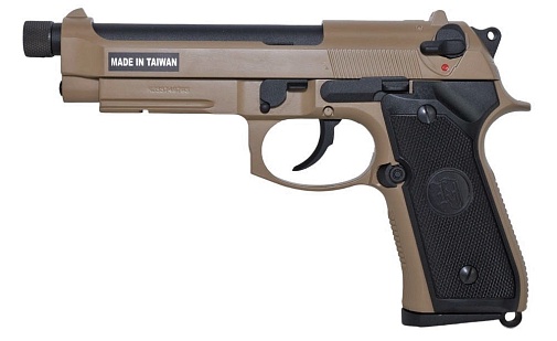 фото детально kjw пистолет beretta m9a1, greengas, tan, резьба глушителя интернет-магазин "Планета страйкбола"