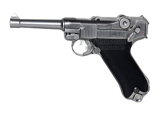 фото детально we пистолет luger 'parabellum' p08 4", хром (we-p004) интернет-магазин "Планета страйкбола"