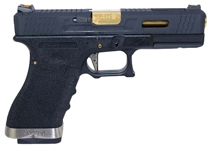 WE Пистолет Glock 18, G-Force, черная рамка, черный слайд, золоченный ствол (we-g002wet-1)