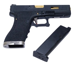 WE Пистолет Glock 18, G-Force, черная рамка, черный слайд, золоченный ствол (we-g002wet-1)