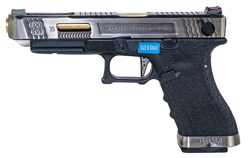 фото детально пистолет we g35 t3 – sv slide / gd barrel / bk frame (we-g009wet-3) интернет-магазин "Планета страйкбола"