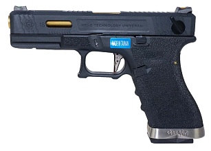 фото детально we пистолет glock 18, g-force, черная рамка, черный слайд, золоченный ствол (we-g002wet-1) интернет-магазин "Планета страйкбола"