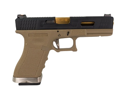 WE Пистолет Glock 17 G-Force, tan, черный слайд, золотой ствол (we-g001wet-6)