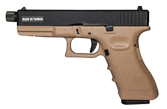 фото детально kjw пистолет glock 17, co2, резьба под глушитель, tan (kp-17-tbc.co2-tan) интернет-магазин "Планета страйкбола"