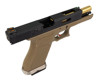 WE Пистолет Glock 17 G-Force, tan, черный слайд, золотой ствол (we-g001wet-6)