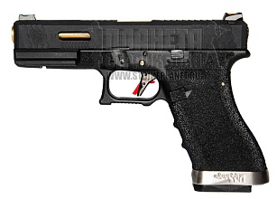 фото детально we пистолет glock 17 g-force, позолоченный ствол, черный интернет-магазин "Планета страйкбола"