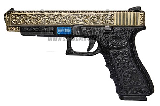 фото детально we пистолет glock 34, gen.3, greengas, бронза с гравировкой (we-g008box-br) интернет-магазин "Планета страйкбола"