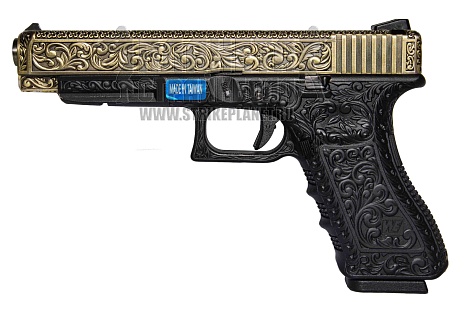 фото детально we пистолет glock 34, gen.3, greengas, бронза с гравировкой (we-g008box-br) интернет-магазин "Планета страйкбола"