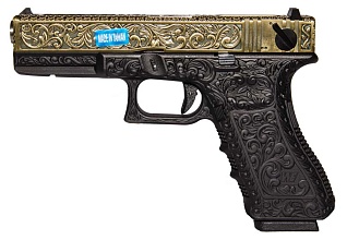 фото детально we пистолет glock 18c gen.3, гравировка, greengas (we-g002box-br) интернет-магазин "Планета страйкбола"
