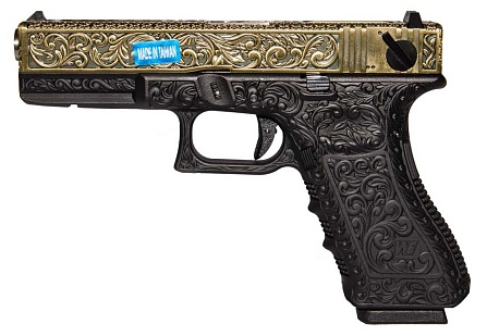 фото детально we пистолет glock 18c gen.3, гравировка, greengas (we-g002box-br) интернет-магазин "Планета страйкбола"