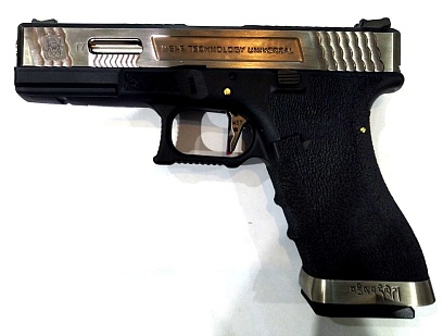 фото детально we пистолет glock 17 g-force, черный, хромированный слайд, хром.ствол (we-g001wet-7) интернет-магазин "Планета страйкбола"