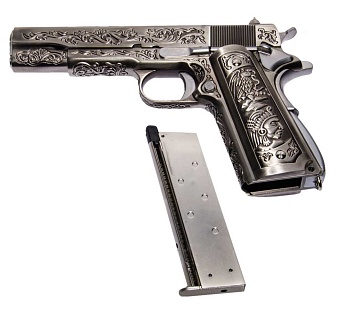 Пистолет WE Colt 1911 Silver [Inca Warrior Engraving] greengas (we-e012-box)