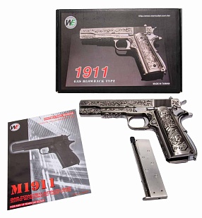 Пистолет WE Colt 1911 Silver [Inca Warrior Engraving] greengas (we-e012-box)