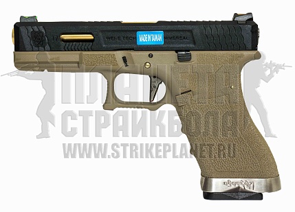 фото детально we пистолет glock 17 g-force, tan, черный слайд, золотой ствол (we-g001wet-6) интернет-магазин "Планета страйкбола"